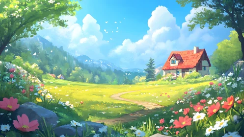 Sunny cottage meadow filled with wildflowers and quiet joy.