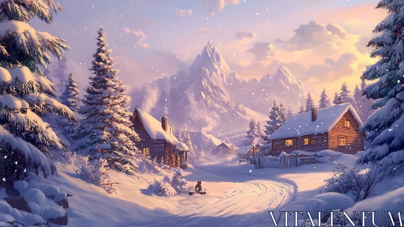 Snow covered mountain village with warm wooden cabins.