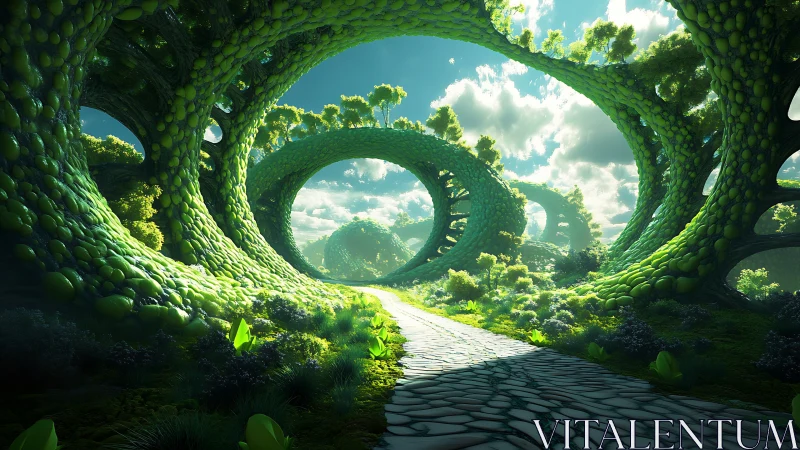 Luminous green arches shaping a surreal forest path.
