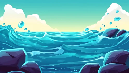 Turquoise surf dances between cartoon rocks and sunlit clouds.