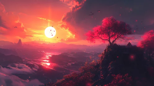 Sunlit valley landscape with red tree on rocky overlook.