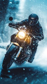 Motorcyclist riding on wet road surface in heavy snowfall.