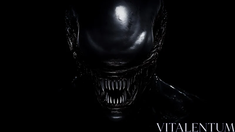 Specular-rendered xenomorphic predator in low-key frontal view.