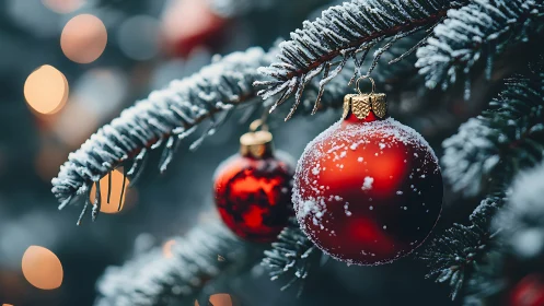 Snow kissed red ornaments bringing cozy holiday sparkle.