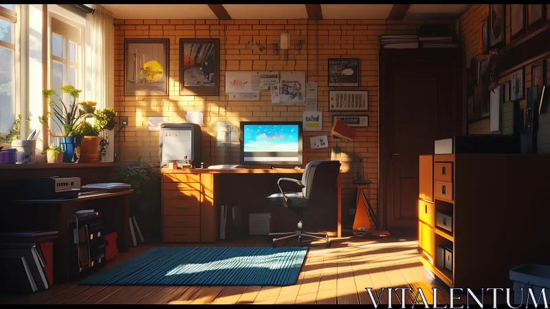 Sunlit brick-walled home office with computer workstation.
