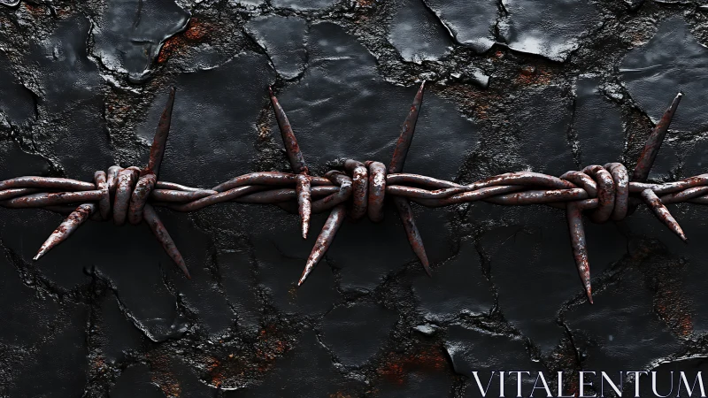 Rusted barbed wire cuts across a cracked, dark metal wall