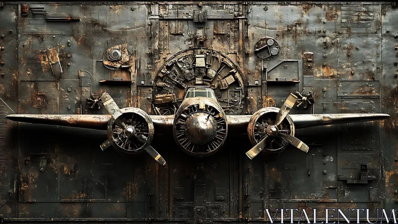 Decommissioned tri‑engine aircraft embedded in corroded industrial bulkhead