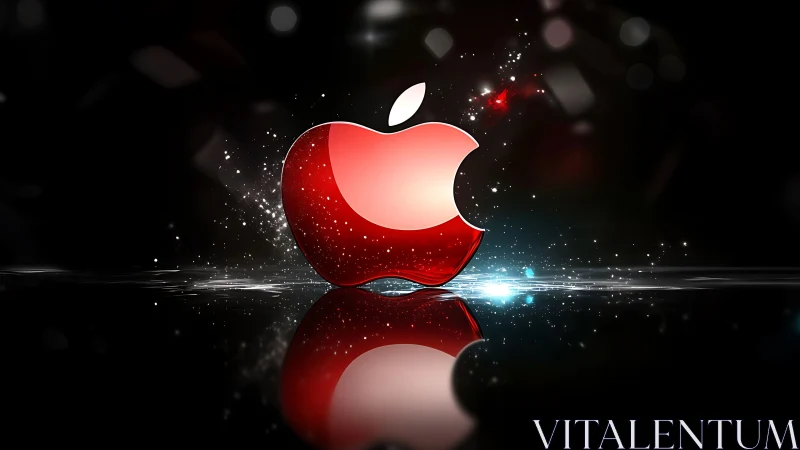 Glossy red apple emblem with luminous splash effects.