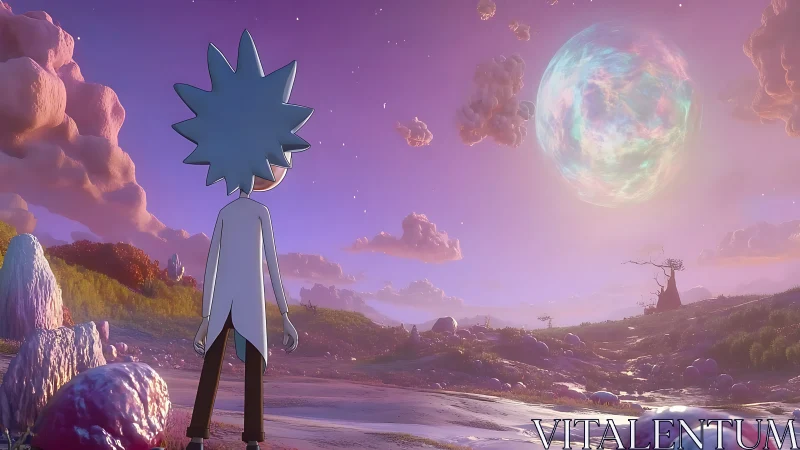 Silhouetted figure observes large luminous planet at dusk