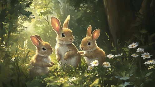 Gentle sunlight gathers three curious bunnies in a forest glade