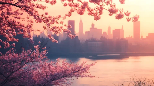 Cherry blossoms frame a tranquil spring city sunrise.