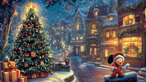 Snowlit holiday street with decorated tree and cartoon figure.