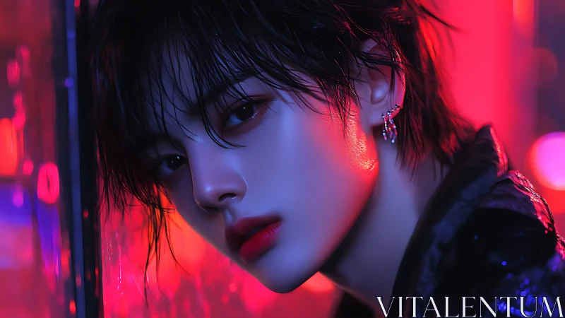 Neon-lit portrait highlights wet hair and reflective skin.