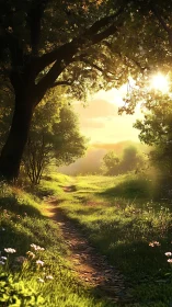 Backlighting Through Mature Tree Canopy With Warm Golden Hour Solar Glare