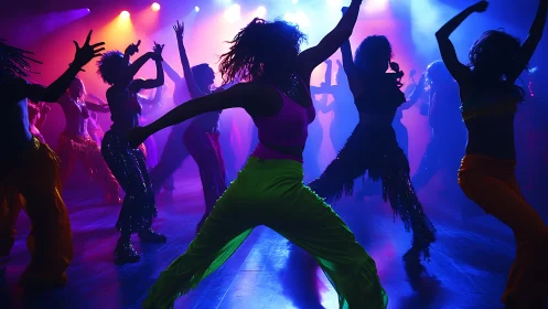 Silhouetted dancers in colored stage lighting on nightclub floor.