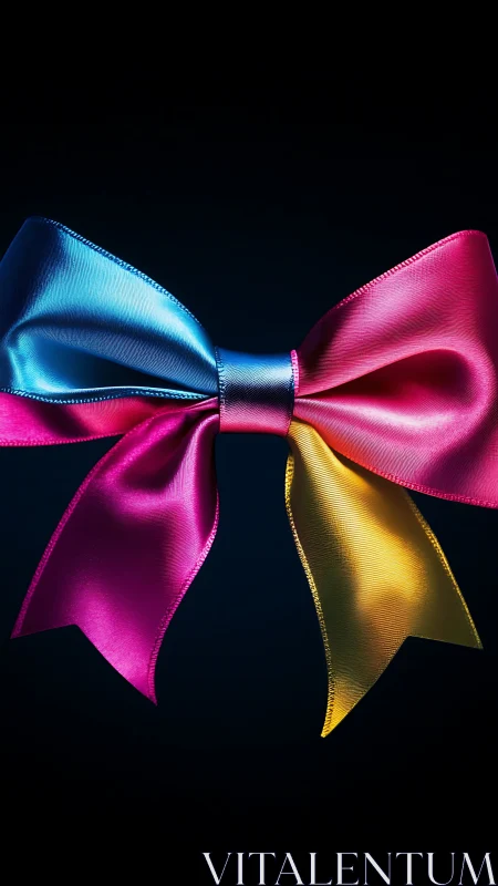 Vibrant Multi-Colored Silk Ribbon Bow Against Dark Background.