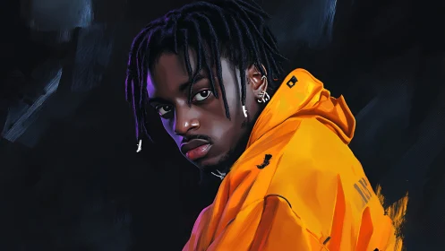 Digital portrait shows person in orange jacket on dark ground