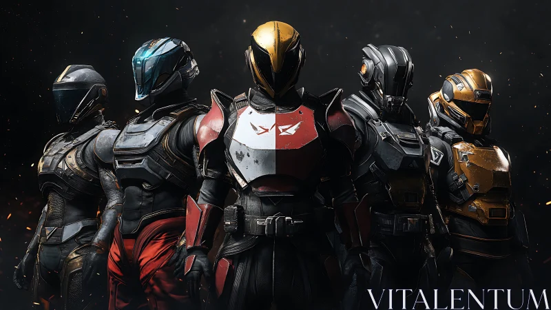Armored sci fi squad stands united in cinematic darkness.