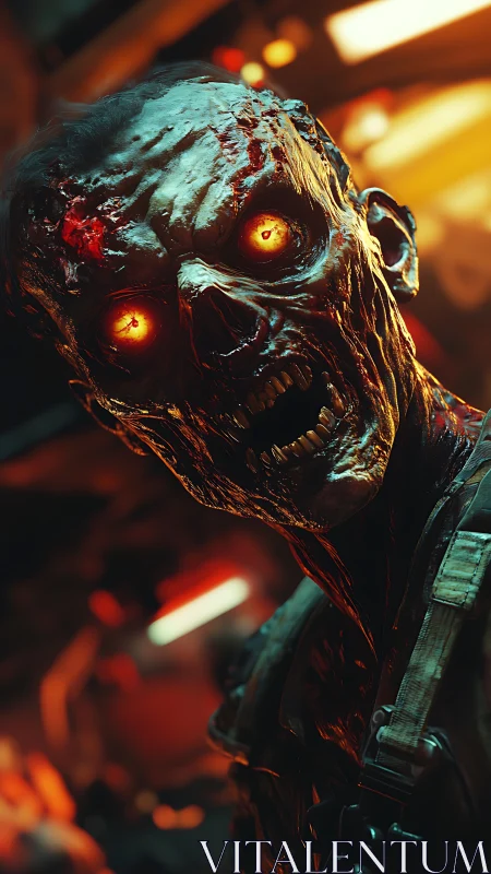 Bioluminescent-eyed zombie rendered in cinematic 3D horror