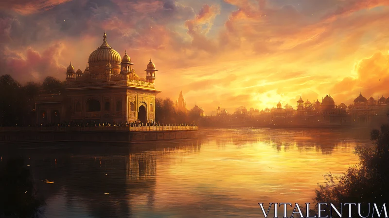 Golden riverside temple glows beneath a luminous sunset sky.