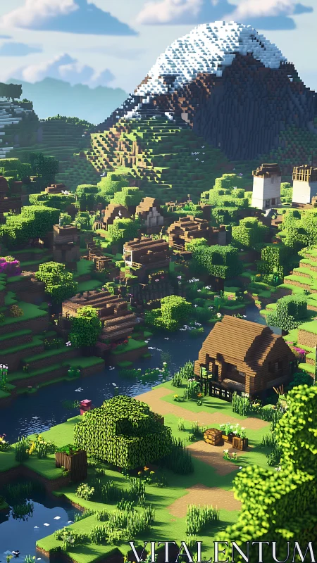 Voxel-rendered riverside village under snow-capped mountain light