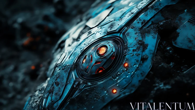 Futuristic metallic device with glowing orange core detail.