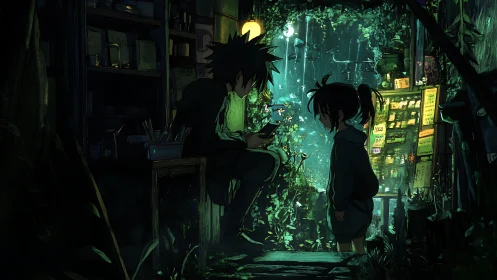 Rain-soaked neon alley with two anime figures in foliage-lit glow
