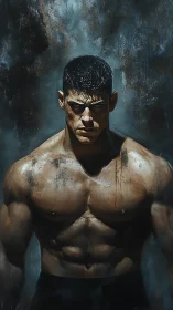 Brooding muscular fighter portrait in dark moody lighting.