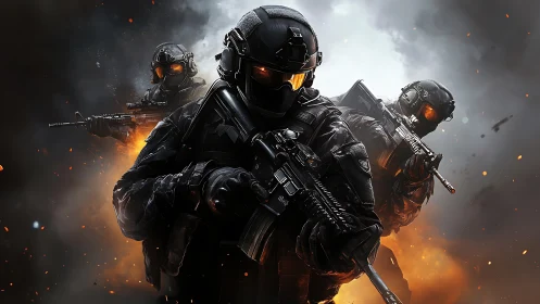 Tactical strike team in dynamic high-contrast battle scene.