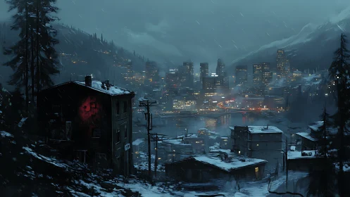 Snowy hillside shanties facing neon winter city skyline.
