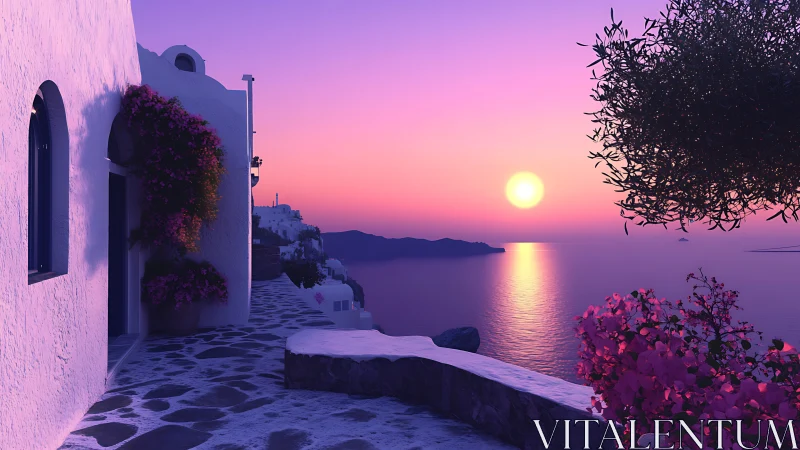 Photorealistic Santorini terrace at violet coastal sunset.