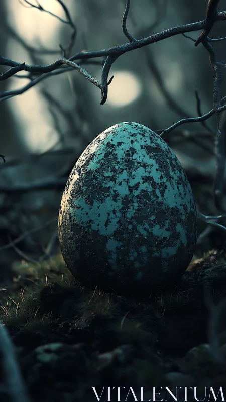 Forest dusk cradles a moss-splattered teal mystery egg.