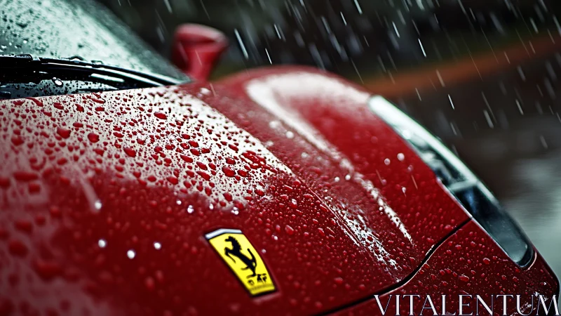Red sports car hood in heavy rain with close water beads.