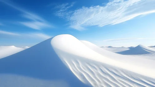 Snow dune ridge curves under bright blue sky with clouds
