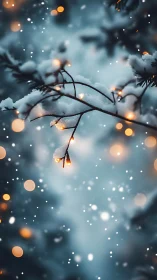 Snowy fir branch glows softly with golden winter lights
