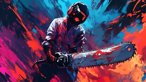 Neon-saturated masked figure wielding bloodied chainsaw