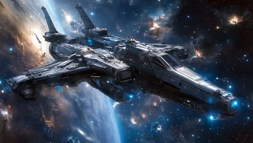 Starlit warship glides through nebula-lit galactic crossroads.