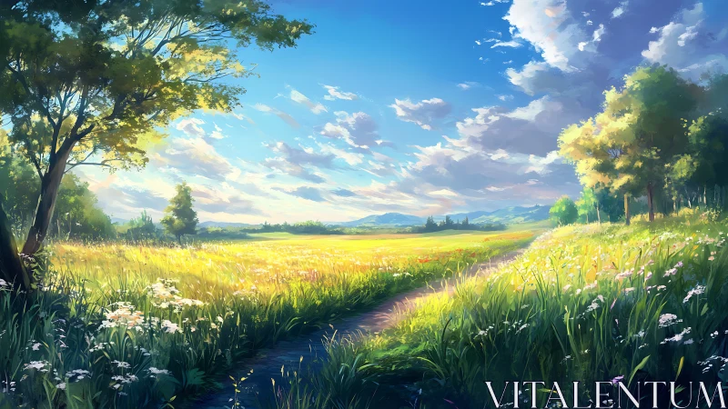 Sunlit rural meadow with path, distant hills, and trees.