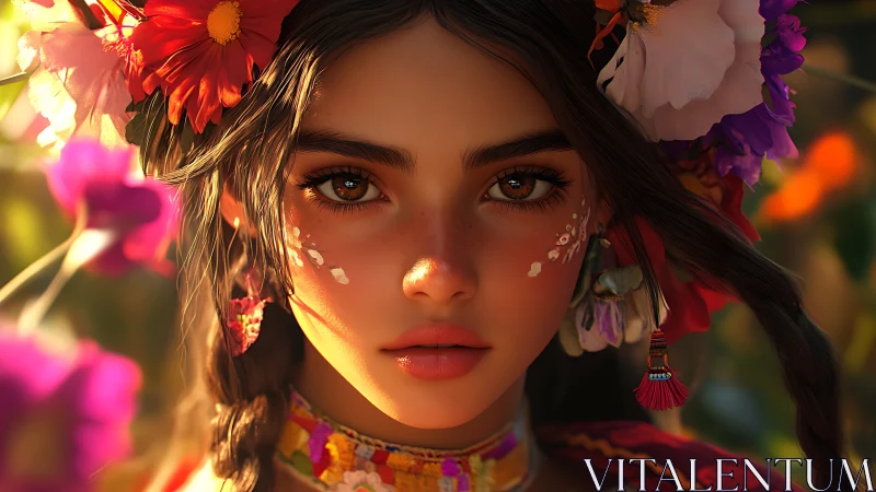 Sunlit flower-crowned girl with gentle, captivating gaze.
