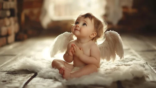 Baby angel with white wings sitting on soft fluffy floor.
