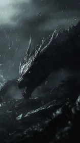 Nocturnal dragon rendered amid storm-lit chiaroscuro rainfall