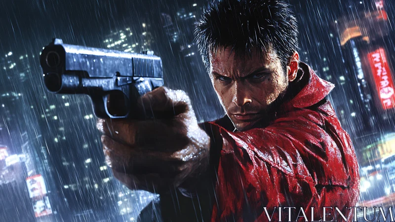 Gunman in red coat aiming pistol in neon city rainstorm.