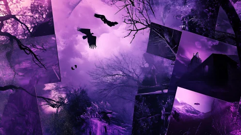 Ravens cross a violet dreamscape of fractured haunted woods.