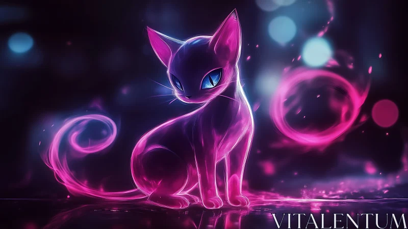 Glowing neon cat spirit with bright blue eyes at night.