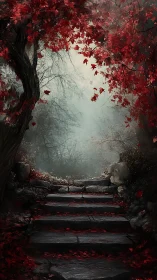 Stone steps under red foliage leading into misty woodland.