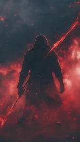 Hooded dark warrior stands in red smoke with blazing staff.