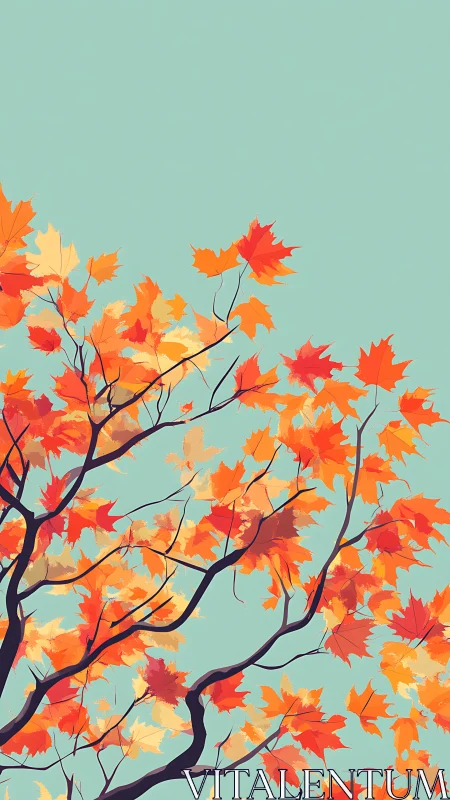 Autumn maple branches cut sharp silhouette against teal sky