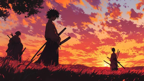 Samurai silhouettes under blazing sunset sky in field.