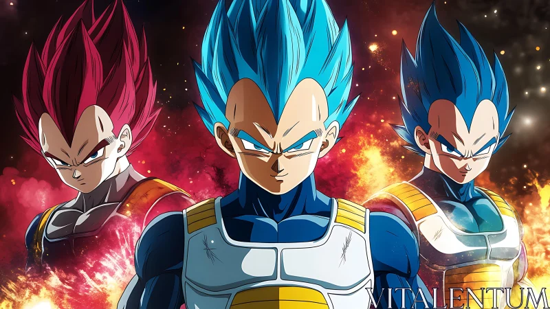 Triple‑flame Saiyan warrior forms ignite a cosmic battlefield.