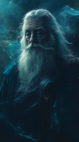 Ethereal Old Wizard Portrait in Nocturnal Digital Painting.